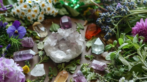 A vibrant arrangement of healing crystals and fresh herbs, blending the energies of mineral and plant kingdom for holistic wellness.