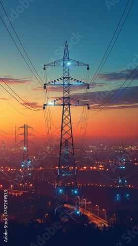 high voltage electric tower silhouette on sunset time background