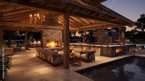 Resort-style outdoor living pavilion with kitchenette soaring wood ceilings and integrated fire pit lounge. © Aeman