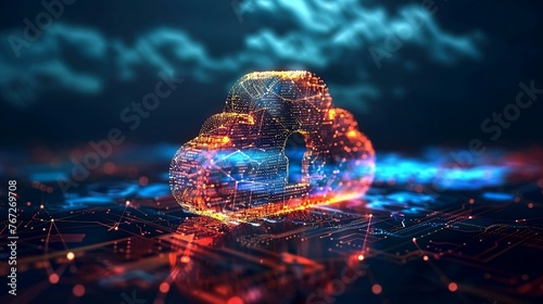 A vibrant digital illustration of a cloud with a padlock, symbolizing data security and cyber protection in cloud computing.