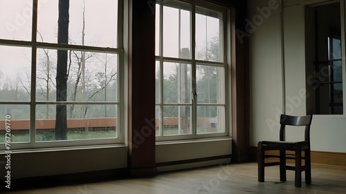 interior of a modern house. interior of a office. a chair sitting in front of a window in a room.
