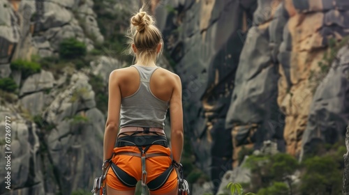 woman wearing climbing equipment preparing to climb standing in front of stone rock outdoor rear view