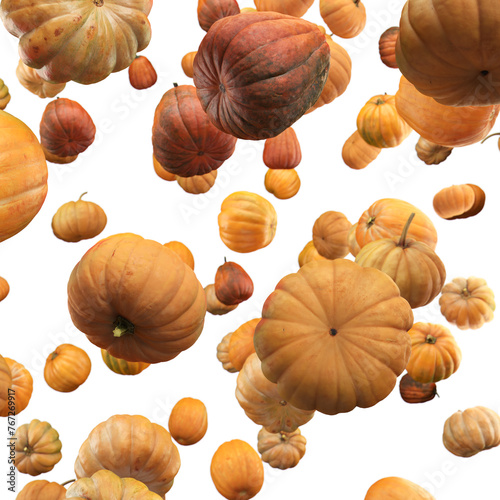 Falling Pumpkin isolated on white background, selective focus