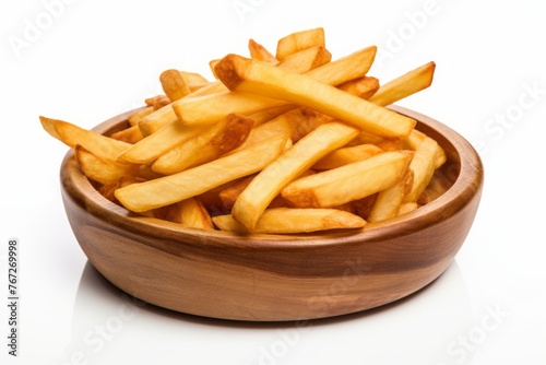 Tasty french fries on a rustic plate against a white background