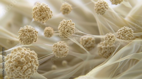 Hyperrealistic rendering of microscopic allergen structures, highlighting the complexity of allergenic particles. photo