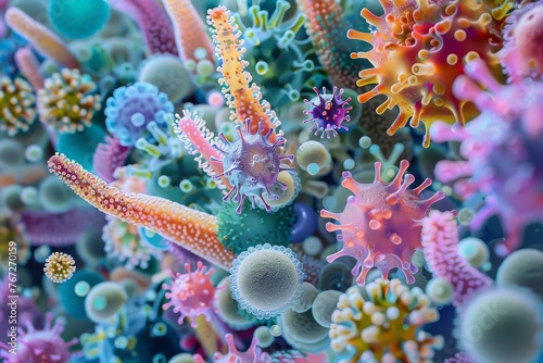 Close-up artistic images and illustrations of bacteria and viruses structure, microscopic world of microbes showcasing their structures with artistic flair.