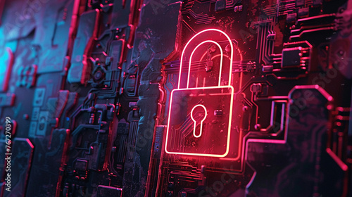 A glowing red neon padlock against a cyber themed backdrop representing the shield of cutting edge security photo
