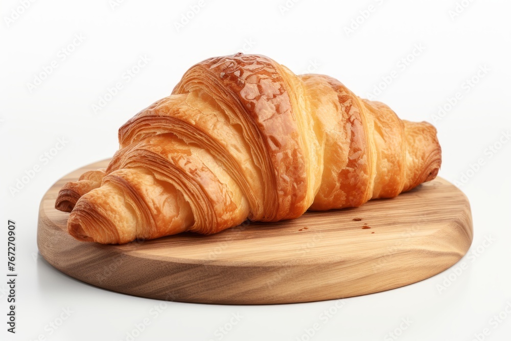 Tempting croissant on a wooden board against a white background Tempting croissant on a wooden board against a white background