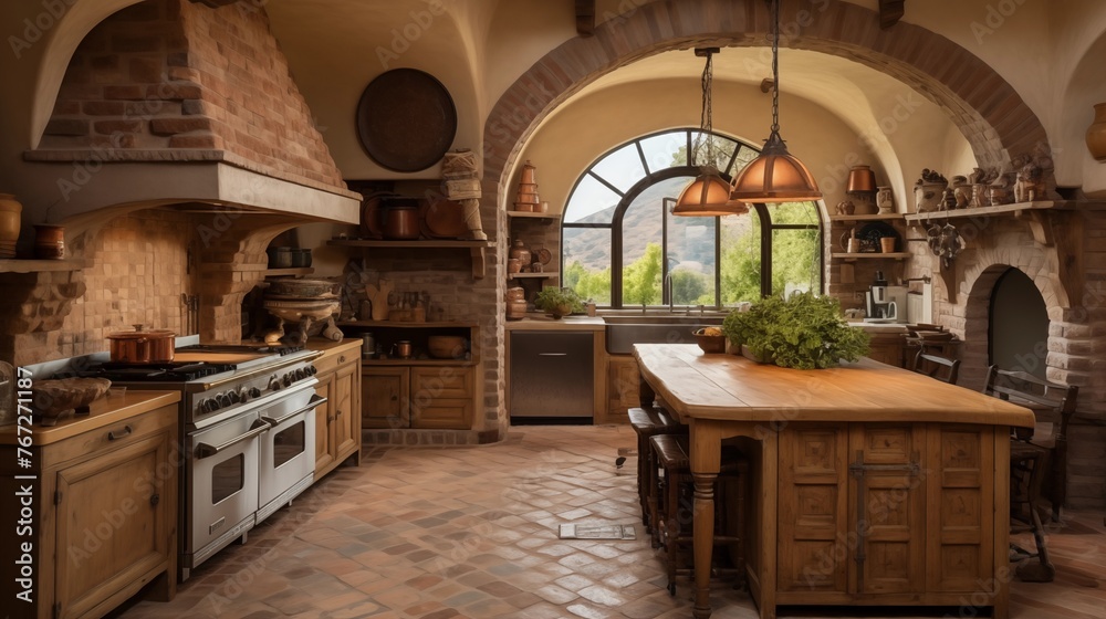 Rustic Italian country villa kitchen with arched doorways wood beamed ceilings terracotta floors and copper range hood.