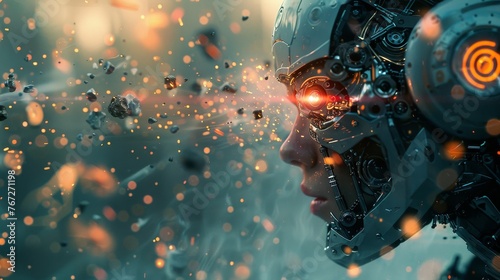 A stunning close-up showcases the dichotomy between human and machine, with one sparking robotic eye contrasting a human one. #767271198