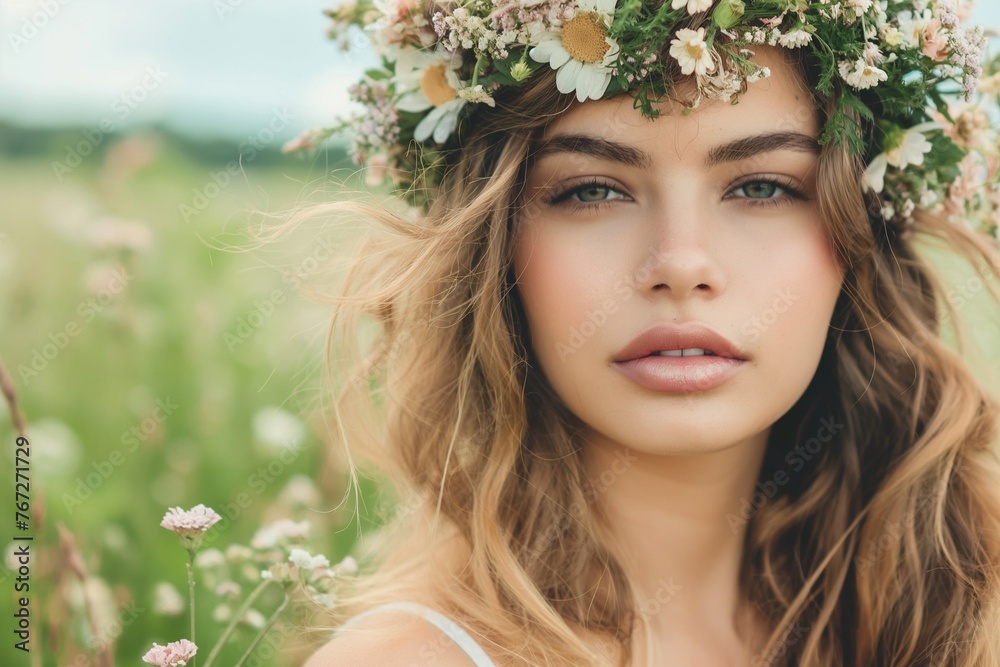 Portrait of a beautiful young woman in nature with a flower wreath on her head Portrait of a beautiful young woman in nature with a flower wreath on her head