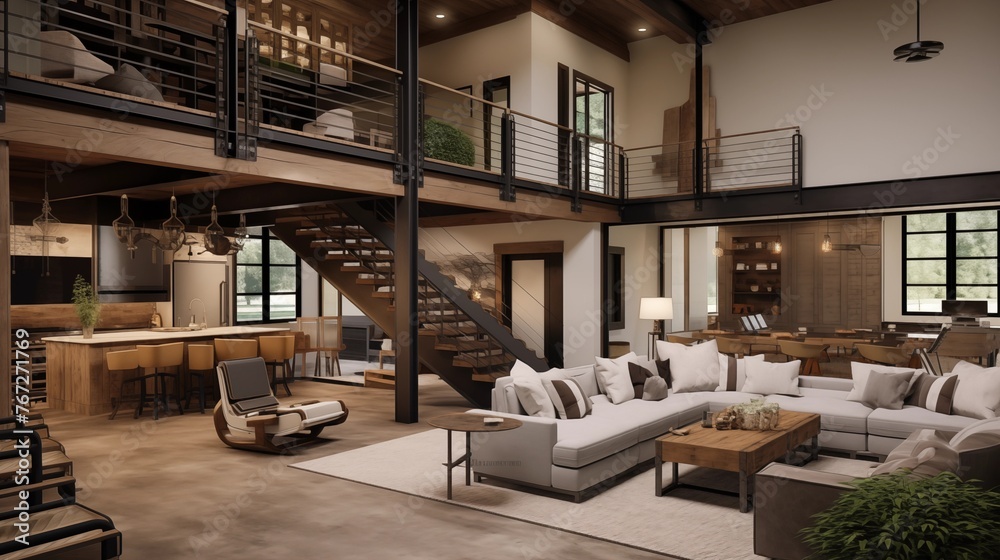 Rustic modern barndominium living room with towering ceilings sliding barn doors wrought iron railings and suspended walkway lofts above.