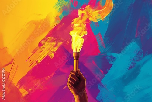 The hand holding the Olympic flame. A colorful illustration of the international sports games