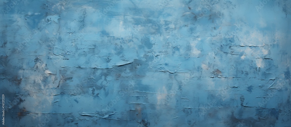 A closeup of an electric blue wall with peeling paint resembles a frozen winter landscape. The patterns created by the peeling paint mimic natural scenery - obrazy, fototapety, plakaty 