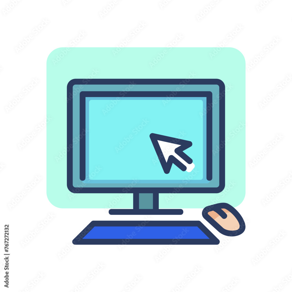 Desktop thin line icon. Monitor, keyboard, mouth, cursor, workplace outline sign. Computer technology concept. Vector illustration symbol element for web design and apps Desktop thin line icon. Monitor, keyboard, mouth, cursor, workplace outline sign. Computer technology concept. Vector illustration symbol element for web design and apps