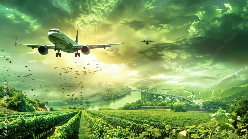 Fototapeta premium Design an aerial view of airplanes flying over the rolling vineyards and medieval castles