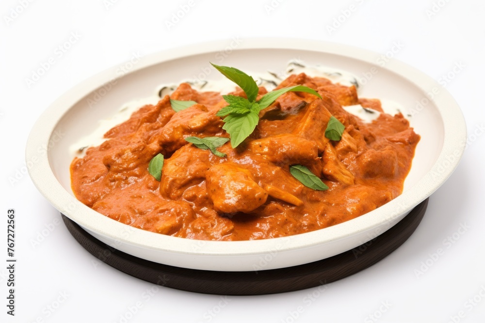 Delicious chicken tikka masala on a palm leaf plate against a white background Delicious chicken tikka masala on a palm leaf plate against a white background