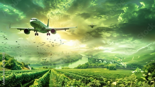 Design an aerial view of airplanes flying over the rolling vineyards and medieval castles