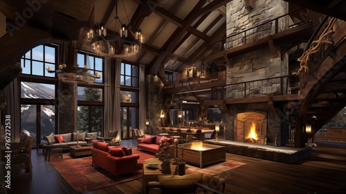 Rustic modern mountain chalet great room with soaring timber framing suspended catwalk bridges huge stone fireplace and cozy loft nooks.