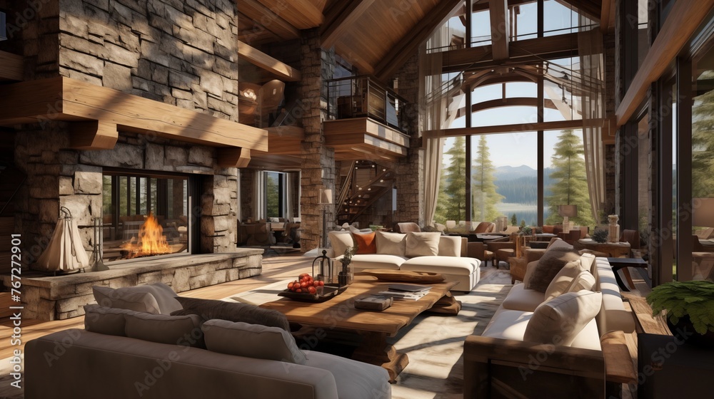 Rustic modern mountain chalet great room with soaring timber framing suspended catwalk bridges huge stone fireplace and cozy loft nooks. Rustic modern mountain chalet great room with soaring timber framing suspended catwalk bridges huge stone fireplace and cozy loft nooks.