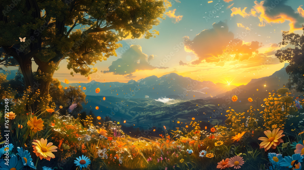 Stunning natural landscape with flowering plants and a mountain meadow in the background during a beautiful sunset. Springtime concept.