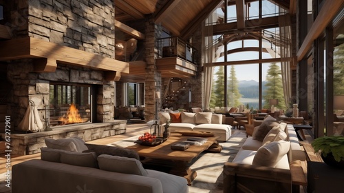 Rustic modern mountain chalet great room with soaring timber framing suspended catwalk bridges huge stone fireplace and cozy loft nooks. © Aeman