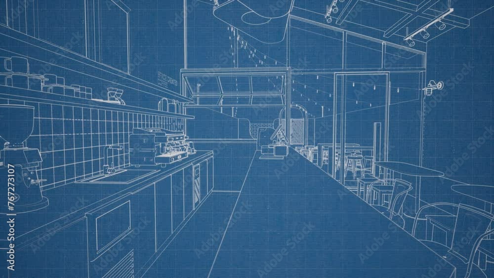 Boceto del interior de restaurante cafetería, vídeo de animación 3d 4k 60fps