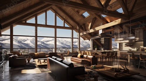 Rustic modern ski chalet with heavy timber trusses vaulted wood plank ceilings and panoramic mountain views.