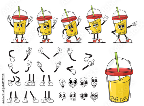 Cartoon Groovy Cup Of Soda, Juice, Lemonade Drink Character Creation Kit. Vector Retro Plastic Mug with Dome Lid