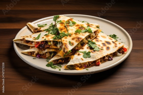 Tempting quesadilla on a porcelain platter against a white background