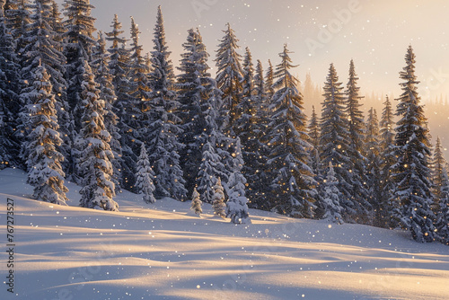 A snow-covered pine forest with the early morning sun casting a golden glow on the trees  snow particles gently falling.