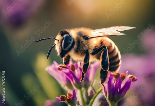 Close-up of a honeybee pollinating vibrant purple flowers with a soft-focus background. © Tetlak