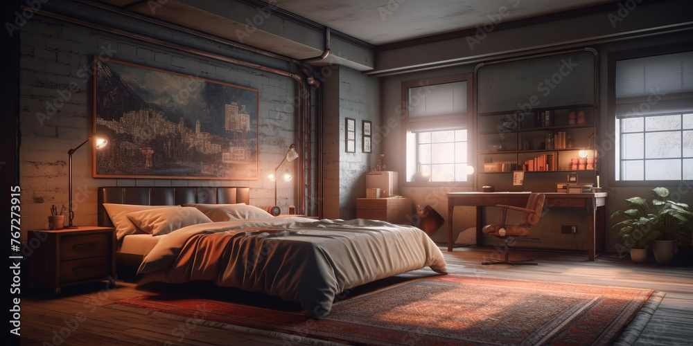 Retro style interior of bedroom in modern house. Retro style interior of bedroom in modern house.