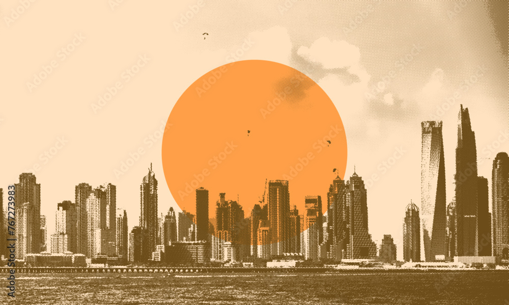 abstract halftone background ,sunset city vector illustration