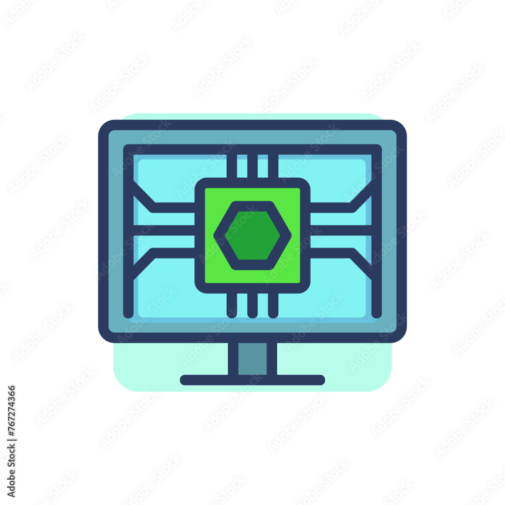 Microchip on monitor thin line icon. CPU, hexagon, embedded device. Computer technology concept. Vector illustration symbol element for web design and apps Microchip on monitor thin line icon. CPU, hexagon, embedded device. Computer technology concept. Vector illustration symbol element for web design and apps