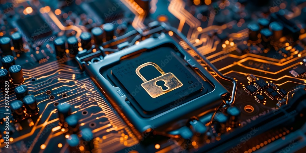 Closeup of a computer motherboard with a safety lock symbol representing secure connection and cybersecurity services. Concept Technology, Cybersecurity, Motherboard, Safety Lock Symbol - obrazy, fototapety, plakaty 