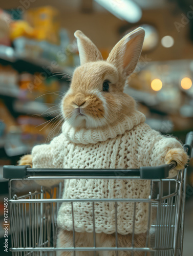 small furry fluffy handsome rabbit is pushing shopping cart in supermarket looking for his carrot photo