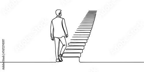 Continuous one line drawing. Reach the target. Businessman climbing stairs to the target. Concept business vector illustration