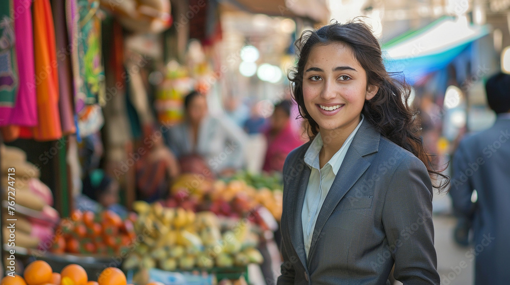 Walking through a vibrant marketplace, the young woman in a business suit engages in a discussion with local vendors, her smile bridging cultural divides as she negotiates business