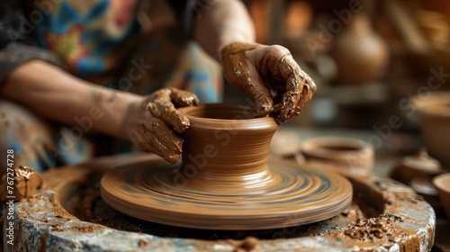 Close-up of an artisan's hands skillfully shaping wet clay on a spinning pottery wheel, surrounded by tools and unfinished pieces. Resplendent.