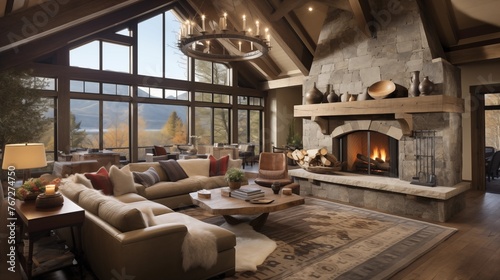 Rustic ranch-style great room with soaring wood beam ceilings stone fireplace southwest textiles and lofted walkway overlooking space.