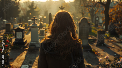 Rear view ai generated picture of sad lonely person visiting relatives standing at cemetery alone photo