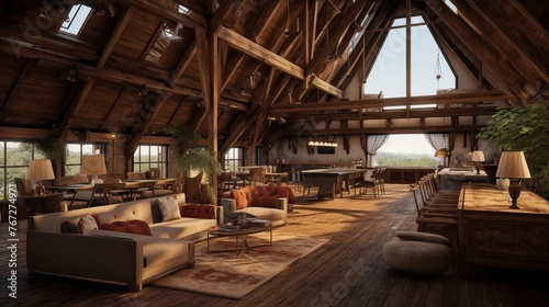 Rustic reclaimed barn great room retreat with 30-foot ceilings king post trusses integrated climbing wall and loft guest suite.