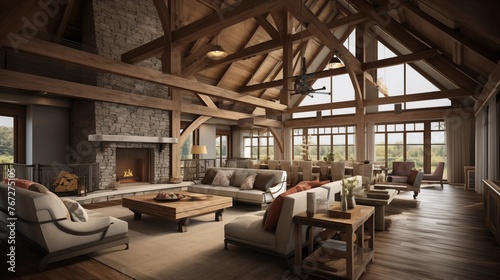 Rustic reclaimed barn great room retreat with 30-foot ceilings king post trusses integrated climbing wall and loft guest suite. © Aeman