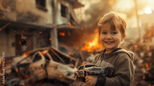 A little kid with a burning city on the background. Smiling kid playing near the house on fire. War in ukraine.