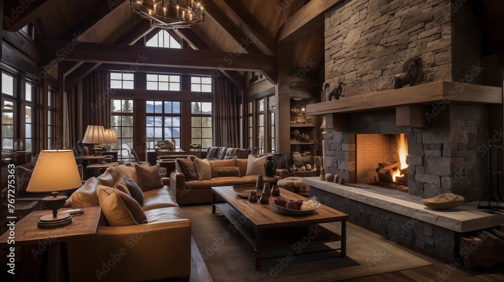 Rustic reclaimed chalet-style ski retreat great room with towering timber framing plank walls and oversized stone fireplace inglenook. Rustic reclaimed chalet-style ski retreat great room with towering timber framing plank walls and oversized stone fireplace inglenook.