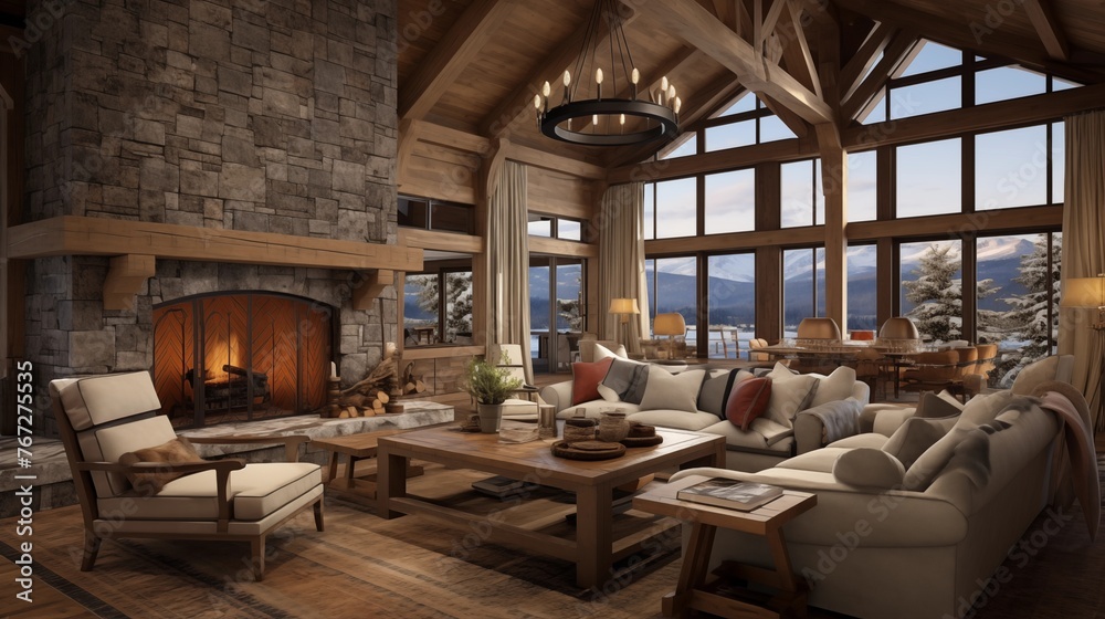 Rustic ski retreat living room with heavy timber trusses towering stone fireplace and cozy window seats.