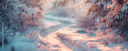 A winding snowy path leading through a dense, snow-covered forest, light filtering through the branches, enveloped in a tranquil atmosphere, photo