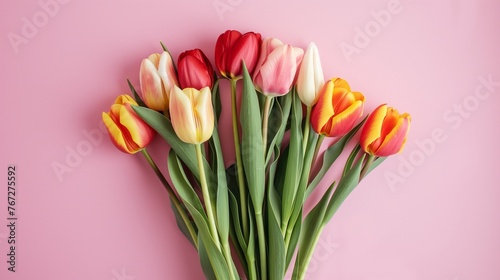 Bouquet of tulips on a pink background. Flowers for valentines day or women's day. Beautiful tulips. A bouquet of tulips
