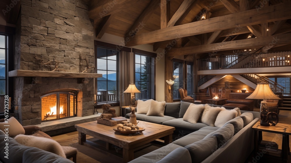 Rustic yet chic mountain ski chalet with heavy timber beams stone fireplace and cozy cabin aesthetic. Rustic yet chic mountain ski chalet with heavy timber beams stone fireplace and cozy cabin aesthetic.